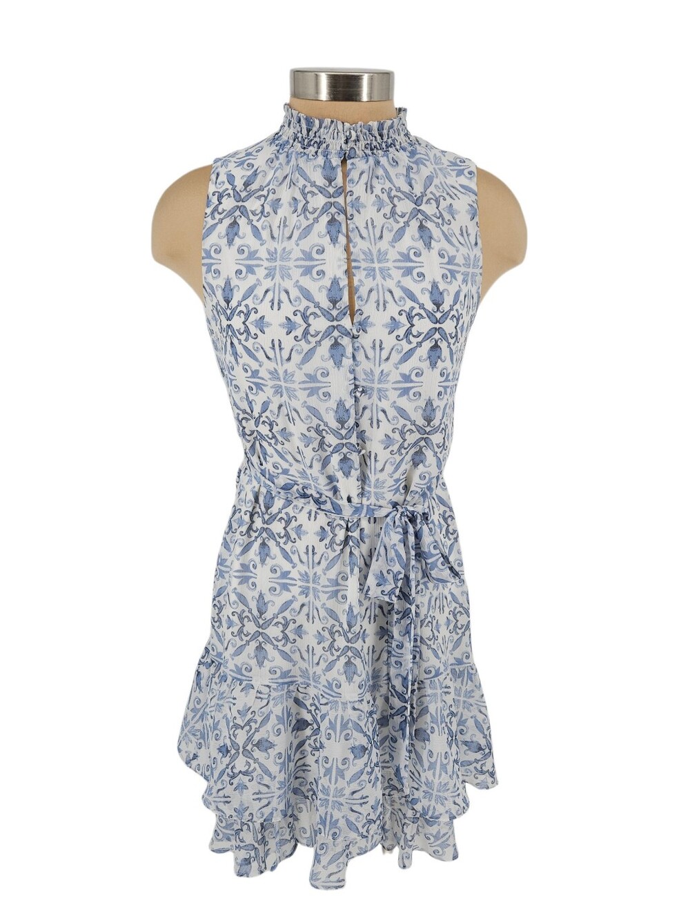 White House Black Market Dress Blue Moroccan High Neck Sleeveless Button Belt XS